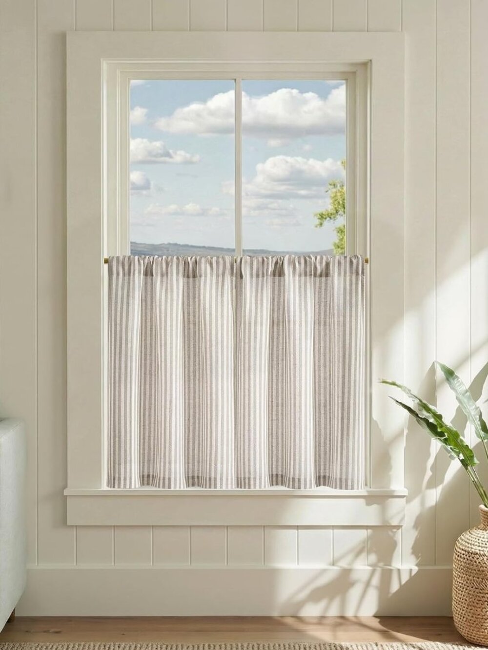 Striped Linen Kitchen Tier Curtains, 30 Inch, Taupe Grey, 2 Panels
